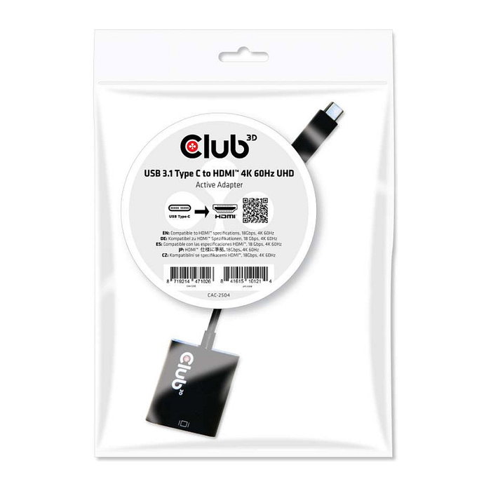 Club 3D Adaptador USB 3.1 Tipo C a HDMI 2.0 Activo Macho a Hembra 4K UHD HDR 60Hz 0.15m Club 3D Adaptador USB 3.1 Tipo C a HDMI 2.0 Activo Macho a Hembra 4K UHD HDR 60Hz 0.15m