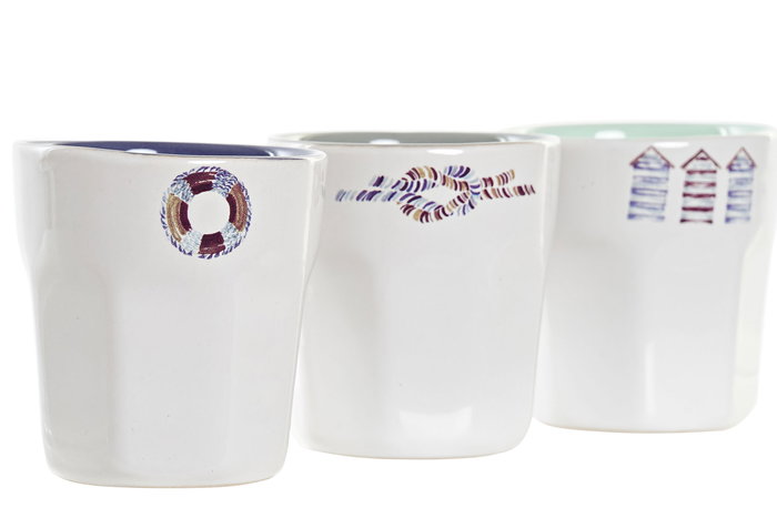 DKD Home Decor Café Set Mediterraneo Azul Blanco Gres Set 6 Piezas 90 ml Apto Microondas y Lavavajillas 14.6 x 6 x 20 cm