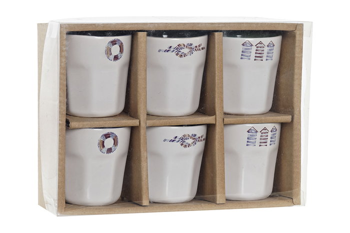 DKD Home Decor Café Set Mediterraneo Azul Blanco Gres Set 6 Piezas 90 ml Apto Microondas y Lavavajillas 14.6 x 6 x 20 cm