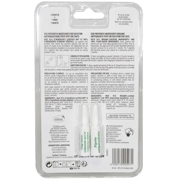 Vetocanis Pipeta Repelente Orgánica para Gato - Control de Pulgas, Garrapatas y Mosquitos - Protección Natural y Ecológica