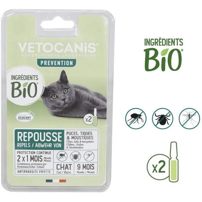 Vetocanis Pipeta Repelente Orgánica para Gato - Control de Pulgas, Garrapatas y Mosquitos - Protección Natural y Ecológica