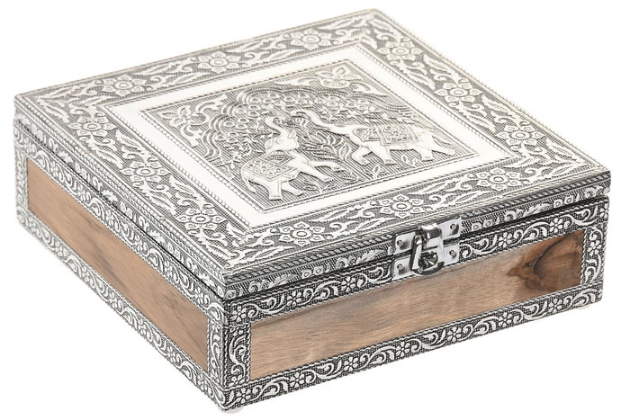 DKD Home Decor Joyero Árabe Plateado Gris 18x6x18 cm Madera y Aluminio (2 Unidades)