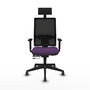 Silla de oficina Horna con mecanismo Sincro/Traslack tapizada con Tela color Morado y malla color Negro. Equipada con lumbar 1D, Brazos 1D, Cabecero Fijo y Ruedas 65 mm parqué