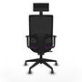 Silla de oficina Horna con mecanismo Sincro/Traslack tapizada con Tela color Morado y malla color Negro. Equipada con lumbar 1D, Brazos 1D, Cabecero Fijo y Ruedas 65 mm parqué
