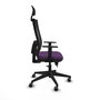Silla de oficina Horna con mecanismo Sincro/Traslack tapizada con Tela color Morado y malla color Negro. Equipada con lumbar 1D, Brazos 1D, Cabecero Fijo y Ruedas 65 mm parqué