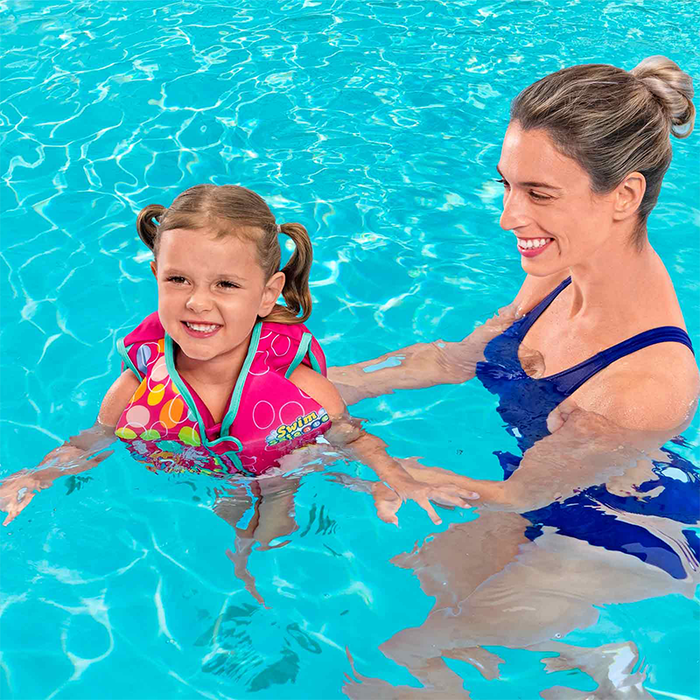 Bestway Chaleco Hinchable Textil Suave Seguridad Bebe Color Surtido UPF 50+ 56 cm +3 a 6 Años Playa y Piscina 32177