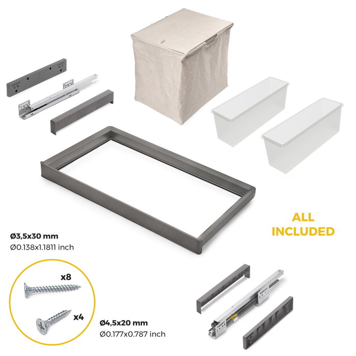 Emuca Kit de 2 bandejas auxiliares, 1 cesto y bastidor regulable Quartz para armarios, guías de cierre suave y extracción total, Módulo 80cm, Acabado Titanio