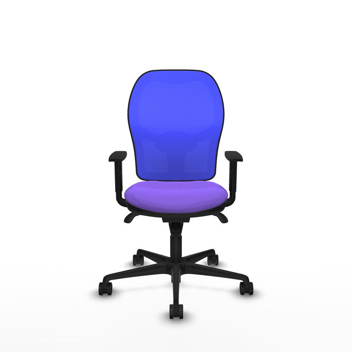 Silla de oficina Jorquera con mecanismo Sincro tapizada con Tela color Lila y malla color Azul. Equipada con lumbar 1D, Brazos 1D y Ruedas 65mm nailon