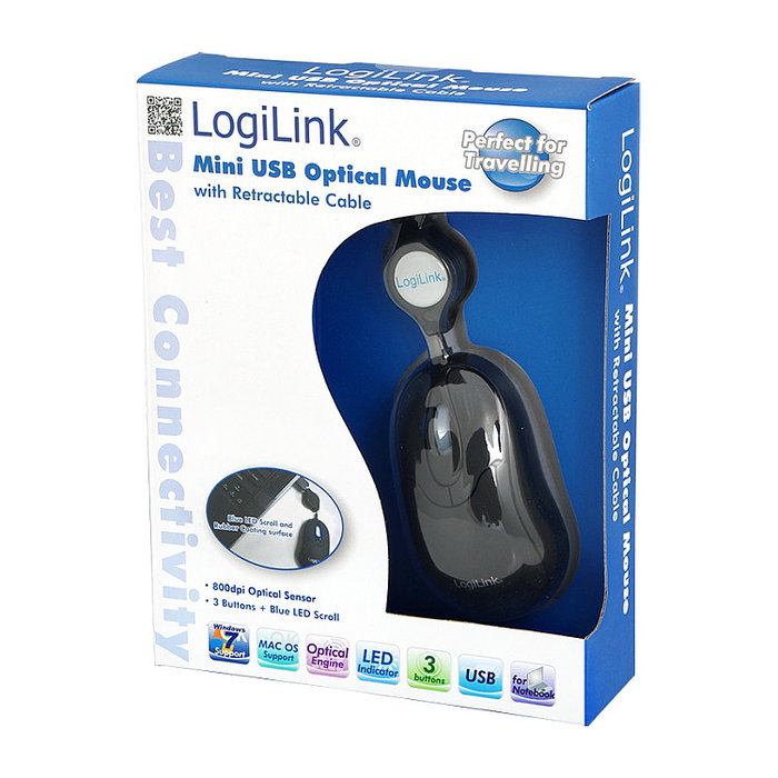 LogiLink ID0016 Ratón Óptico con Cable Retráctil, USB, 800 DPI, Ambidiestro, Negro, Iluminación Azul, Plug and Play