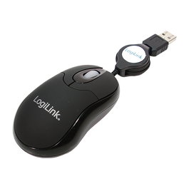 LogiLink ID0016 Ratón Óptico con Cable Retráctil, USB, 800 DPI, Ambidiestro, Negro, Iluminación Azul, Plug and Play