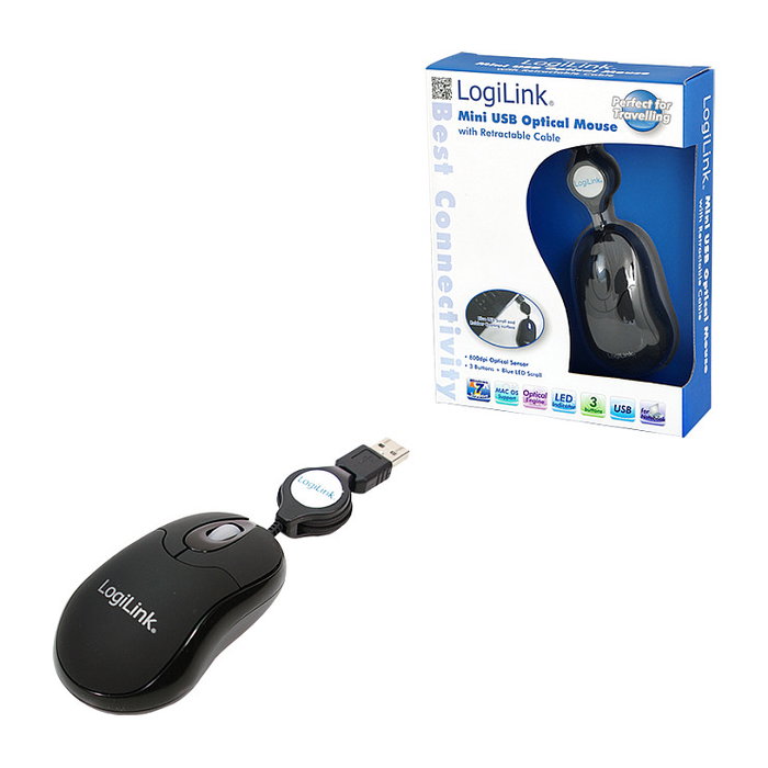 LogiLink ID0016 Ratón Óptico con Cable Retráctil, USB, 800 DPI, Ambidiestro, Negro, Iluminación Azul, Plug and Play