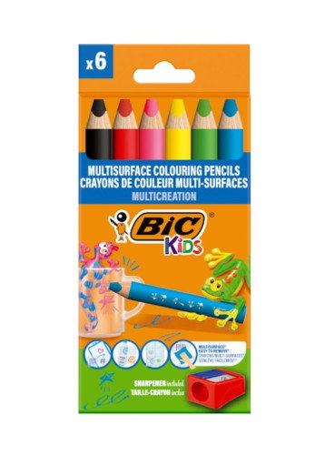 BIC Kids Lápices de Colores Multisuperficie 3 en 1, Estuche de 6 Unidades