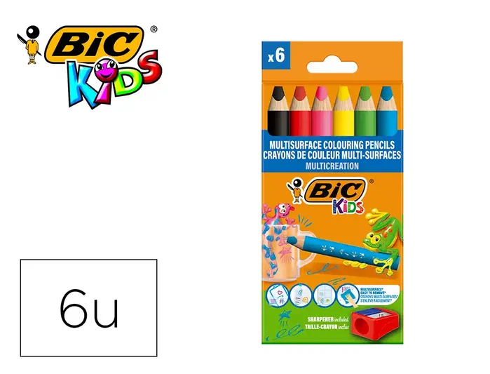 BIC Kids Lápices de Colores Multisuperficie 3 en 1, Estuche de 6 Unidades