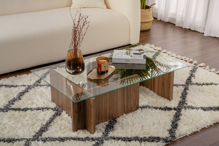 Nordure Mesa de Centro Flavio Nogal Cristal Templado Tablero Melamina 105x65x30 cm
