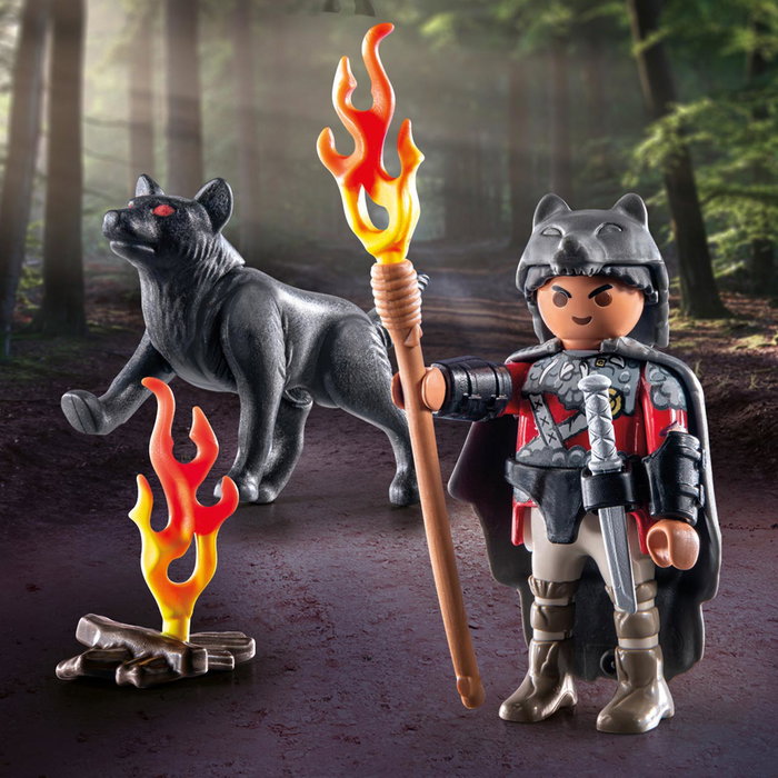 PLAYMOBIL Guerrero Con Lobo, Figura Special Plus 71482, Figura de Acción con Capa y Lobo con Articulaciones Móviles, Juguete para Niños +4 Años