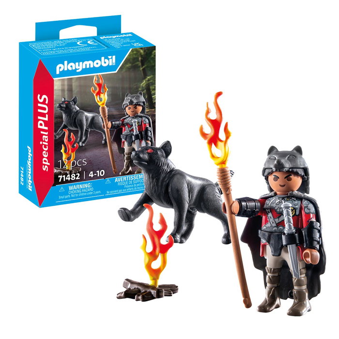 PLAYMOBIL Guerrero Con Lobo, Figura Special Plus 71482, Figura de Acción con Capa y Lobo con Articulaciones Móviles, Juguete para Niños +4 Años