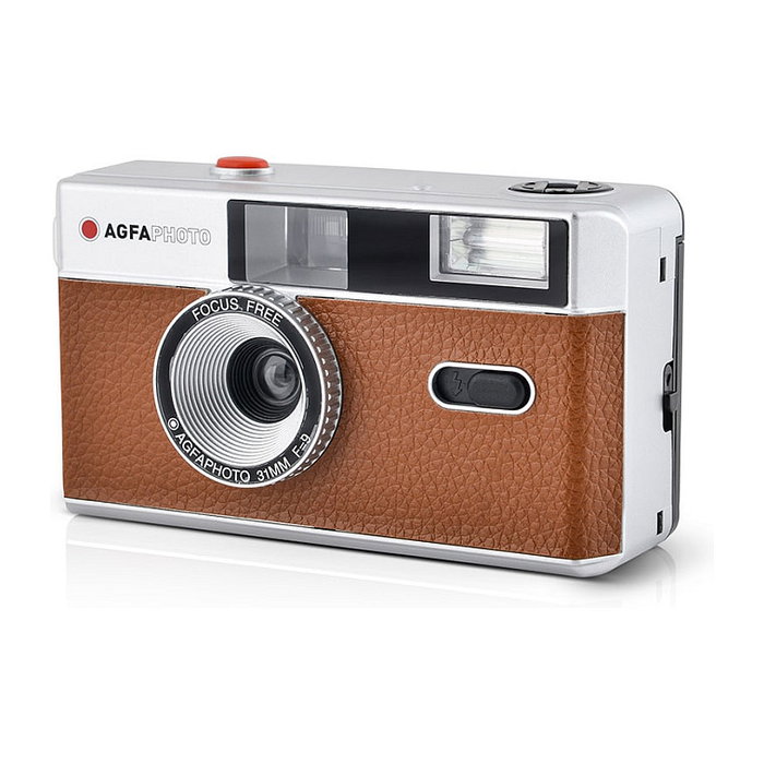 AgfaPhoto 603002 Cámara Analógica Compacta 35mm Reutilizable, Color Marrón/Plata, Lente Fijo 32mm, Flash Integrado, Batería AAA