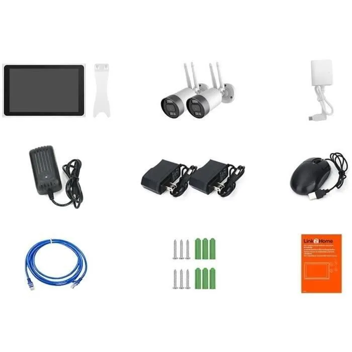 Link2Home Kit 2 Cámaras Wi-Fi + NVR con Pantalla LCD 10.1" - Sistema de Vigilancia 3MP con Detección Inteligente, Visión Nocturna, Almacenamiento 6 TB, IP55 Link2Home Kit 2 Cámaras Wi-Fi + NVR con Pantalla LCD 10.1" - Sistema de Vigilancia 3MP con Detección Inteligente, Visión Nocturna, Almacenamiento 6 TB, IP55