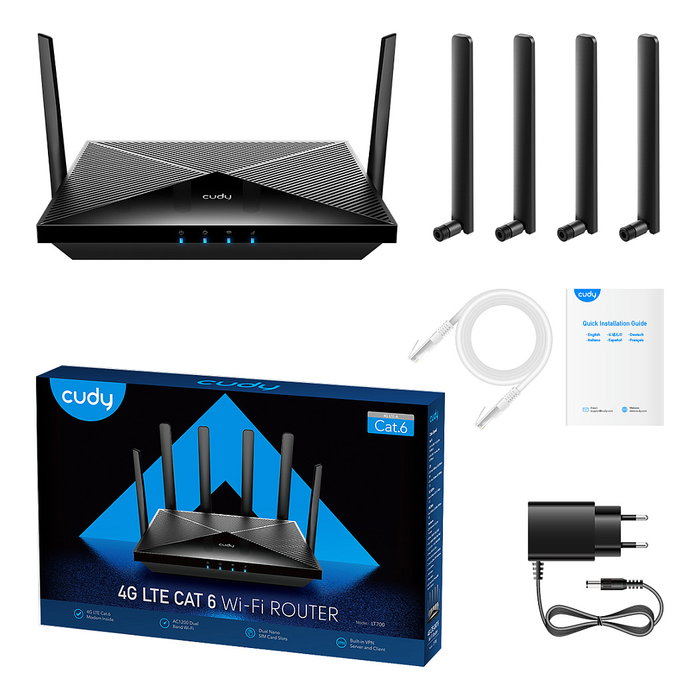 Cudy AC1200 Wi-Fi 4G LTE-Cat6 Gigabit Router Doble Banda Negro LT700