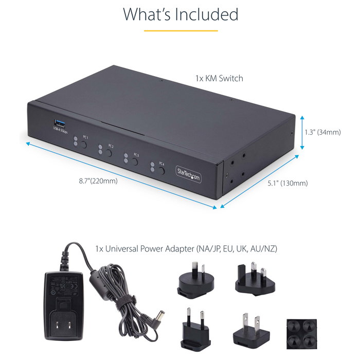 Startech Conmutador KM USB 3.0 4 Puertos Teclado y Ratón con Roaming y Audio