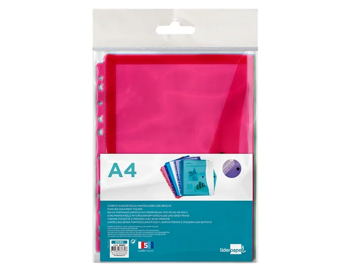 Liderpapel 36669 Carpeta Dossier Broche Polipropileno Din A4 Pack 5 Colores Surtidos Transparente Multitaladro