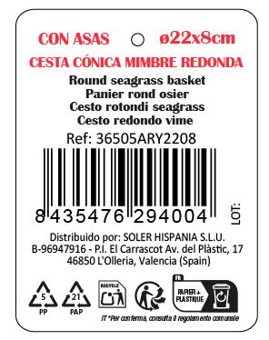 Inde Cesta Cónica Mimbre Rojo con Asa ø22x8cm