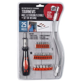 Je cherche une Idee Destornillador con Extensión Flexible - Set de 25 Piezas con Puntas PH, Estrella, Plano, Hexagonales y Tubo