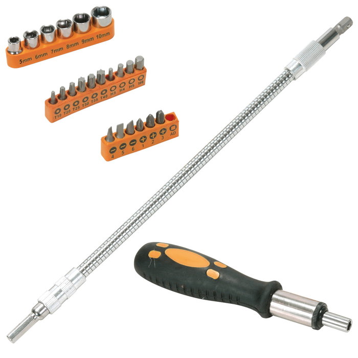 Je cherche une Idee Destornillador con Extensión Flexible - Set de 25 Piezas con Puntas PH, Estrella, Plano, Hexagonales y Tubo