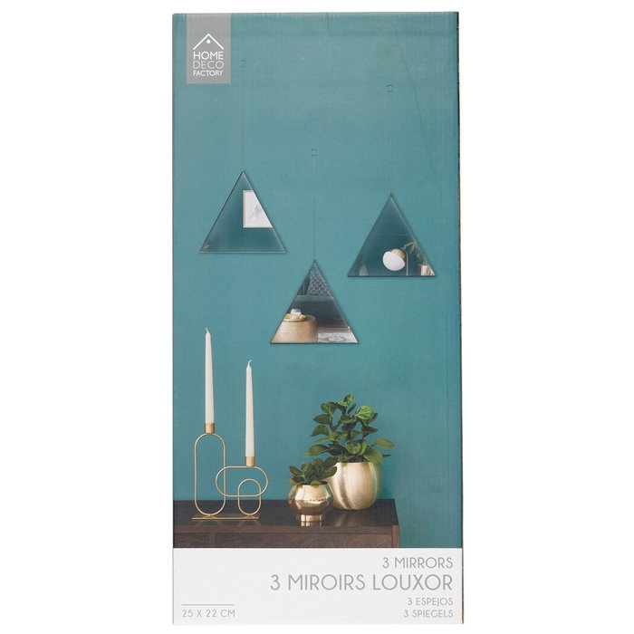 Home Deco Factory Juego 3 Espejos Triángulo Lounge Polipropileno Vidrio Colgar Cadena Ribete Negro 25x1 cm