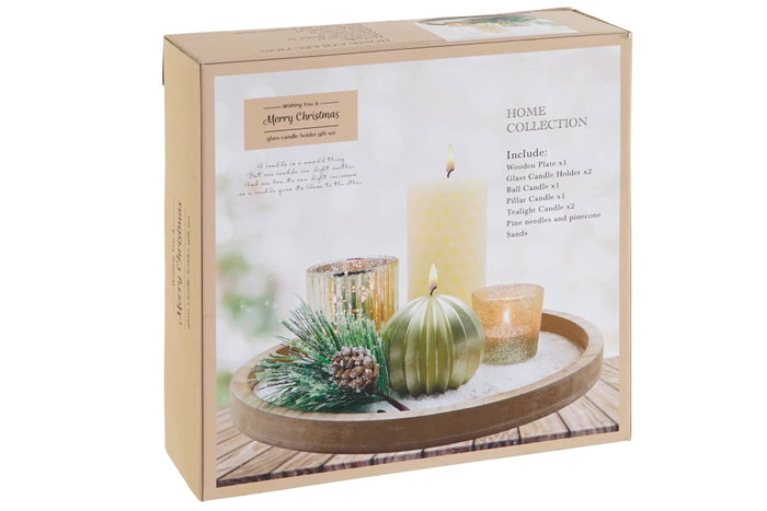 DKD Home Decor Set de 6 Velas de Cristal con Bandeja de MDF Dorada