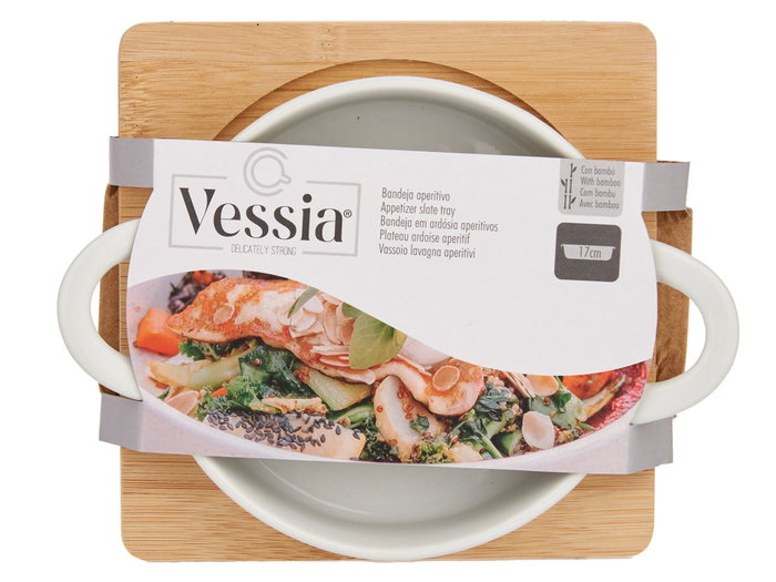 Vessia Bandeja Redonda Cerámica Blanca con Base Bambú Natural 17.2x14x5 cm (Set de 24) Vessia Bandeja Redonda Cerámica Blanca con Base Bambú Natural 17.2x14x5 cm (Set de 24)