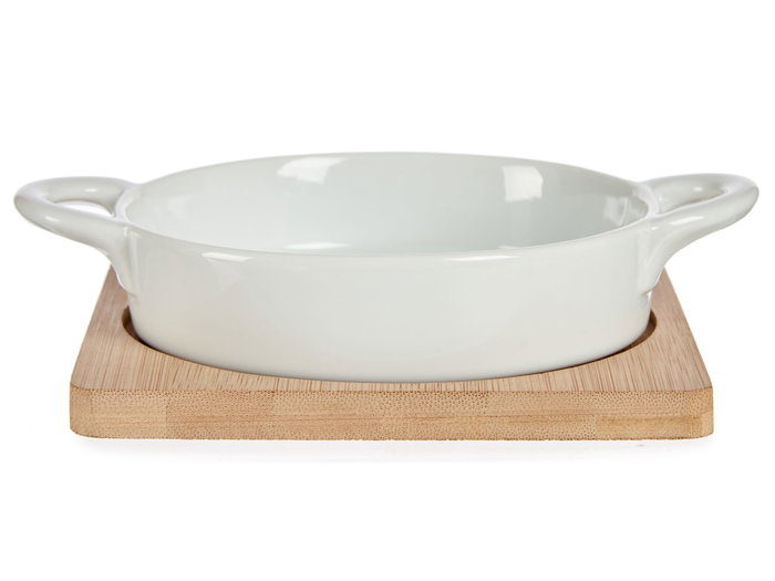 Vessia Bandeja Redonda Cerámica Blanca con Base Bambú Natural 17.2x14x5 cm (Set de 24) Vessia Bandeja Redonda Cerámica Blanca con Base Bambú Natural 17.2x14x5 cm (Set de 24)