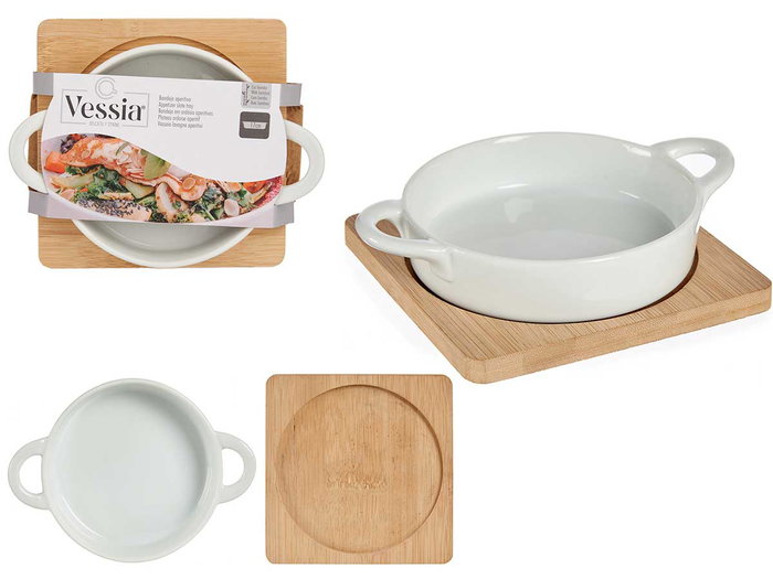 Vessia Bandeja Redonda Cerámica Blanca con Base Bambú Natural 17.2x14x5 cm (Set de 24) Vessia Bandeja Redonda Cerámica Blanca con Base Bambú Natural 17.2x14x5 cm (Set de 24)