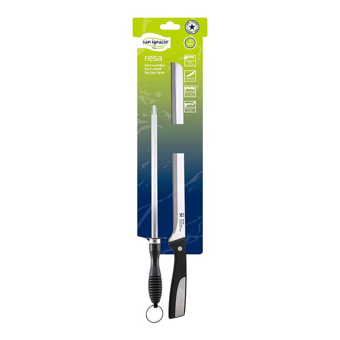 San Ignacio Cuchillo Jamonero y Chaira en Acero Inoxidable, Mango Plástico Resistente, Set de Afilado y Corte