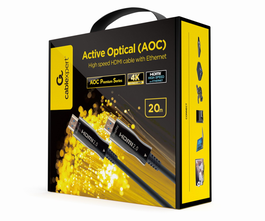 Gembird CCBP-HDMI-AOC-20M-02 Cable HDMI Activo Fibra Óptica (AOC) High Speed con Ethernet, HDMI 2.0, 4K 60Hz, 20 Metros, Chapado en Oro, Negro