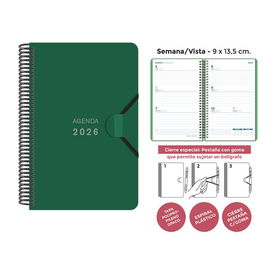 Agenda Anual (2026) Senfort Mini Espiral Tapa Pp Con Goma 90X135 S/V Verde Oscuro