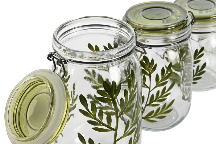 DKD Home Decor Set de 4 Botes de Cristal y Hierro Botánico Verde