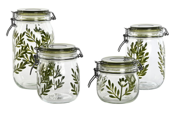 DKD Home Decor Set de 4 Botes de Cristal y Hierro Botánico Verde