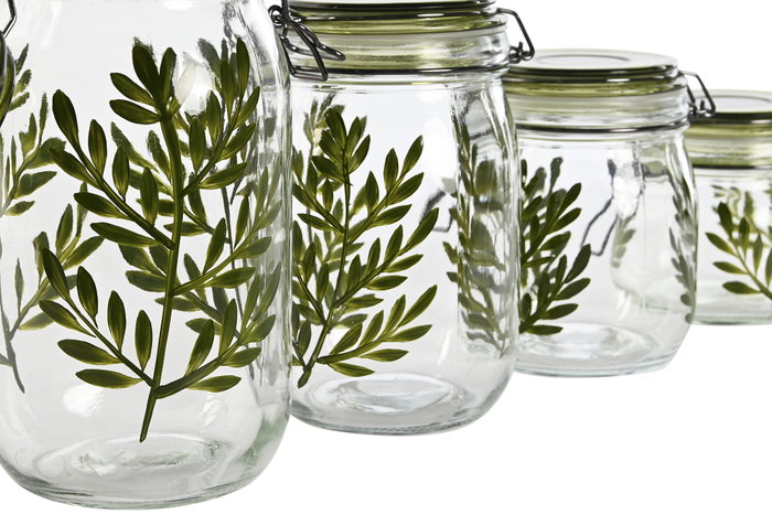 DKD Home Decor Set de 4 Botes de Cristal y Hierro Botánico Verde