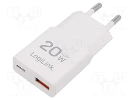 LogiLink Cargador 20 W GaN con 2 Puertos USB-A y USB-C Slim Blanco