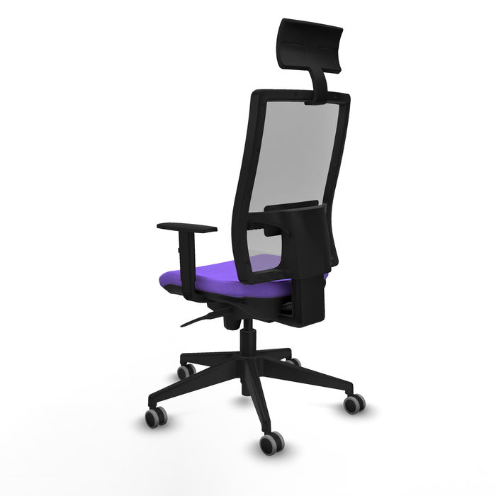 Silla de oficina Horna con mecanismo Sincro tapizada con Tela color Lila y malla color Gris. Equipada con lumbar 1D, Brazos 1D, Cabecero Fijo y Ruedas 65 mm parqué Silla de oficina Horna con mecanismo Sincro tapizada con Tela color Lila y malla color Gris. Equipada con lumbar 1D, Brazos 1D, Cabecero Fijo y Ruedas 65 mm parqué