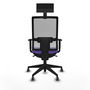 Silla de oficina Horna con mecanismo Sincro tapizada con Tela color Lila y malla color Gris. Equipada con lumbar 1D, Brazos 1D, Cabecero Fijo y Ruedas 65 mm parqué