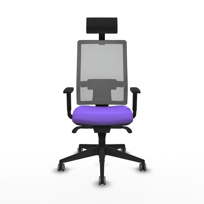 Silla de oficina Horna con mecanismo Sincro tapizada con Tela color Lila y malla color Gris. Equipada con lumbar 1D, Brazos 1D, Cabecero Fijo y Ruedas 65 mm parqué Silla de oficina Horna con mecanismo Sincro tapizada con Tela color Lila y malla color Gris. Equipada con lumbar 1D, Brazos 1D, Cabecero Fijo y Ruedas 65 mm parqué