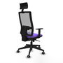 Silla de oficina Horna con mecanismo Sincro tapizada con Tela color Lila y malla color Gris. Equipada con lumbar 1D, Brazos 1D, Cabecero Fijo y Ruedas 65 mm parqué