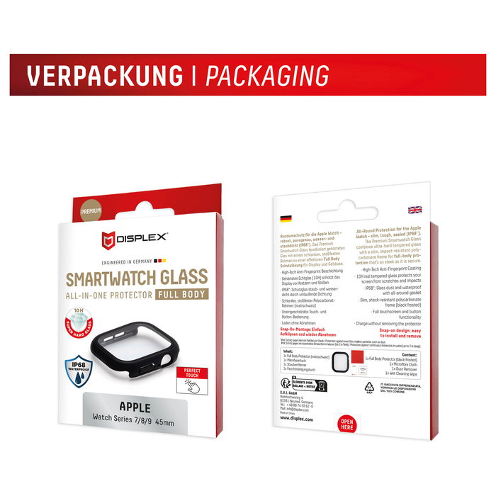 Displex Protector de Pantalla Full Body, Cristal Templado 10H Resistente Golpes y Agua IP68, Compatible con Apple Watch Series 9, 8, 7 de 45mm, Negro