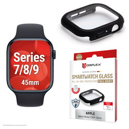 Displex Protector de Pantalla Full Body, Cristal Templado 10H Resistente Golpes y Agua IP68, Compatible con Apple Watch Series 9, 8, 7 de 45mm, Negro