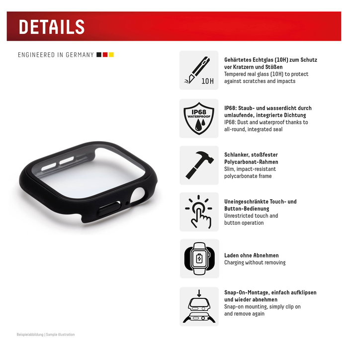 Displex Protector de Pantalla Full Body, Cristal Templado 10H Resistente Golpes y Agua IP68, Compatible con Apple Watch Series 9, 8, 7 de 45mm, Negro