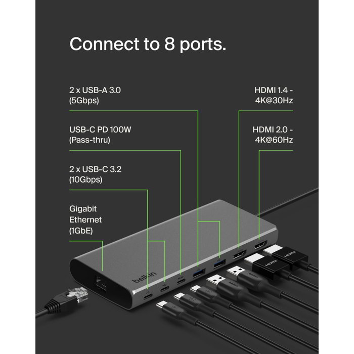 Belkin INC015BTSGY-CZ Hub USB-C 8 en 1 con doble HDMI 4K y carga 100 W