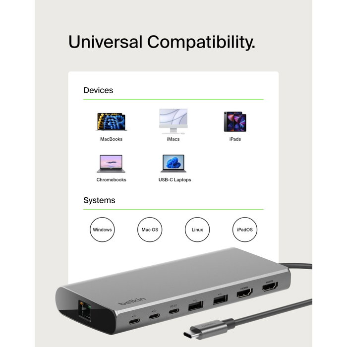 Belkin INC015BTSGY-CZ Hub USB-C 8 en 1 con doble HDMI 4K y carga 100 W