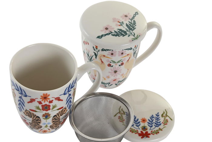 DKD Home Decor Taza Infusiones Moderno Garza y Tigre Multicolor Porcelana 380ml Pack 12 Unidades 9 x 11 x 12 cm